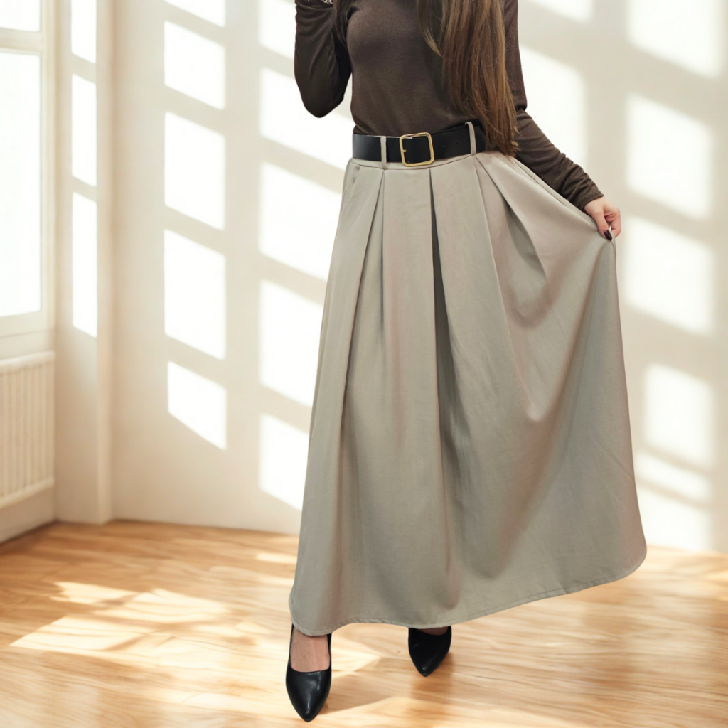 Dlouhá áčková sukně CAROLA s páskem tmavě béžová4